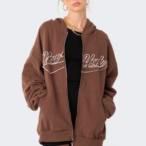 Edikted Oversized Hoodie New York Brown Full Zip Up Sweatshirt Size Medium Large